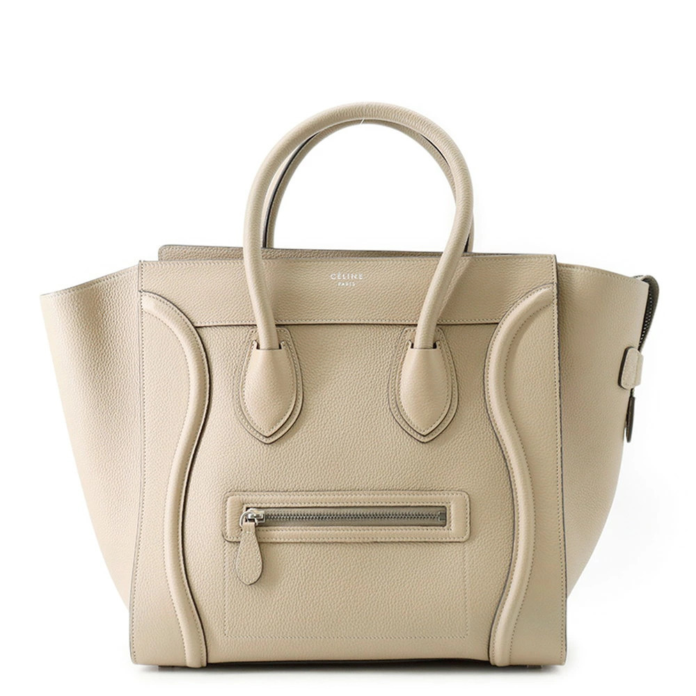 Celine Dune Brown Drummed Calfskin Luggage Tote leather top handles zip White